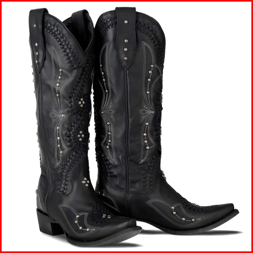 Knee High Western Cowgirl Boots With Embroidered Detail And Chunky Heel